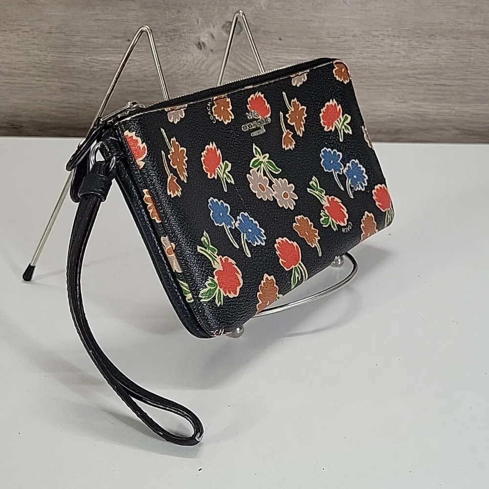 Coach Black Floral Leather Zip Wristlet